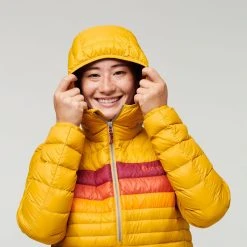 Cotopaxi Fuego Down Hooded Pullover - Women's (Fall 2022) -Osprey shop Cotopaxi F22 W Fuego Down Hooded Pullover Amber Stripes 449 53335.1676582070