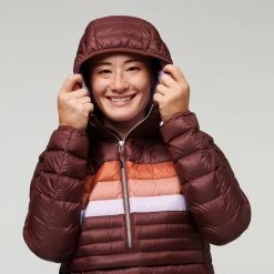 Cotopaxi Fuego Down Hooded Pullover - Women's (Fall 2022) -Osprey shop Cotopaxi F22 W Fuego Down Hooded Pullover Chestnut Stripes 494 52625.1663730493