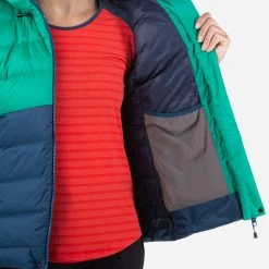 Mountain Equipment Trango Jacket - Women's (Fall 2022) -Osprey shop Mountain Equipment ME 005820 Trango Womens Jacket ME 01693 Majolica Blue Deep Green Hood Angle rsz 62789.1677014165